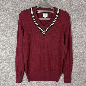 Vintage J Press Burgundy Cable Knit V Neck Sweater men Small Preppy School